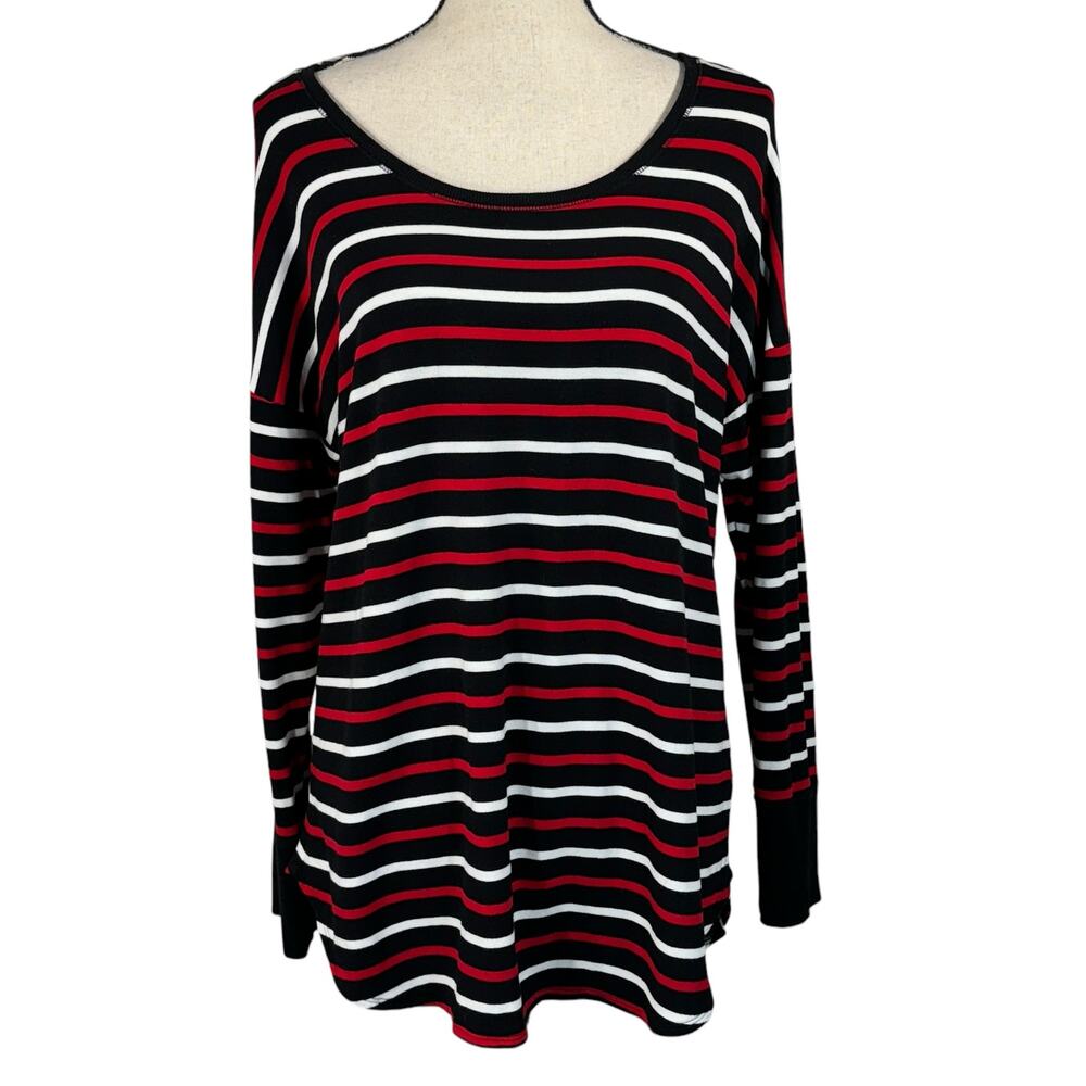 Liz Claiborne Weekend Large Top Striped Stretch Cuffed Long Sleeve Scoop Neck